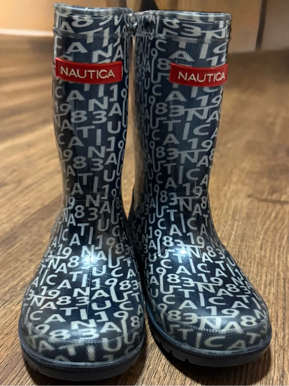 Nautica Kids Navy and White Logo Pattern Rain Boots